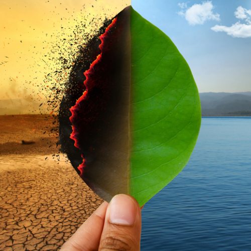 Climate change and Global warming concept. Burning leaf at land of cracked earth metaphor drought and Green leaf with river and beautiful clear sky metaphor Abundance of Nature.